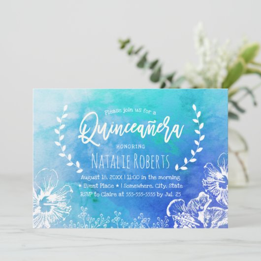 熱帯ビーチフローラブルーウォーターカラーキンセアニェラ 招待状 (スタンド正面)