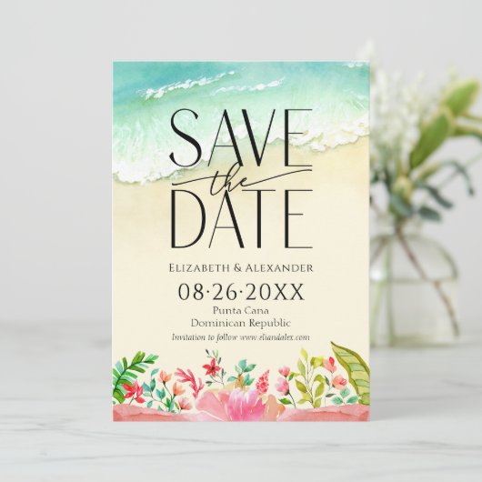 熱帯ビーチフローラ書道の保存日付 招待状 (スタンド正面)