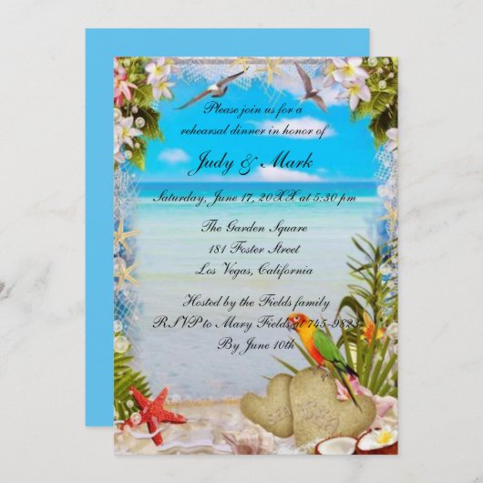 熱帯ビーチフローラ結婚のリハーサルディナー 招待状 (正面/裏面)