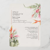 熱帯ビーチフローラ結婚アイボリーバラ金ゴールド 箔招待状 (正面)