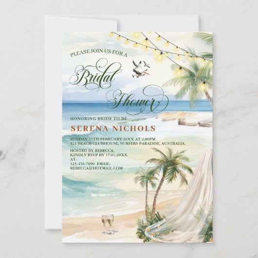 熱帯ビーチブライダルウェディングシャワーヘンパーティー 招待状 (正面)