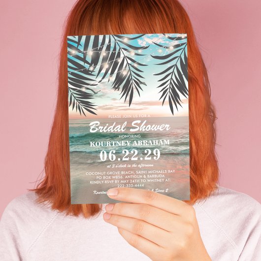 熱帯ビーチブライダルシャワー |光源の文字列 招待状