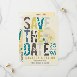 熱帯ビーチブルーパームツリーズグランジ文字写真 セーブザデート