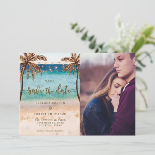 熱帯ビーチモダンは日付の写真カードを保存する 招待状 (スタンド正面)