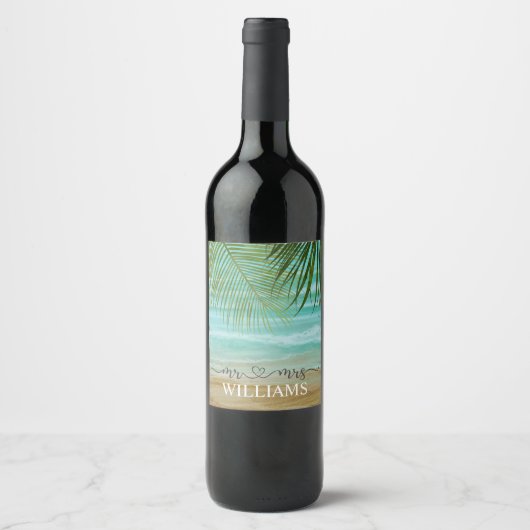 熱帯ビーチヤシパーソナライズされたの木 ワインラベル (正面)
