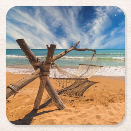 熱帯ビーチリゾートのハンモック スクエアペーパーコースター (正面)