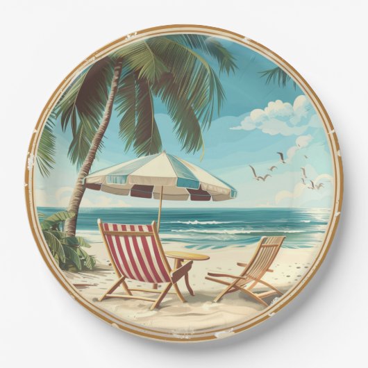 熱帯ビーチ傘と椅子の夏 ペーパープレート (正面)