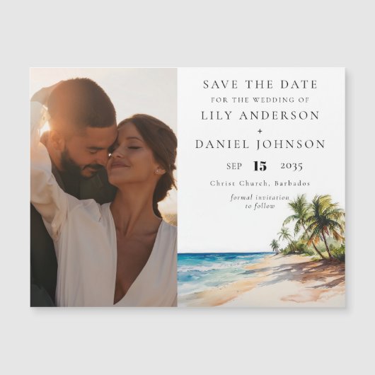 熱帯ビーチ写真結婚式の日付を保存 マグネット招待状 (正面)