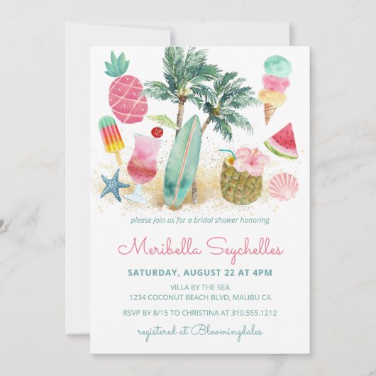 熱帯ビーチ夏おもしろいブライダルシャワー 招待状 (正面)