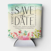 熱帯ビーチ書道結婚式の日付を保存 缶クーラー (正面)