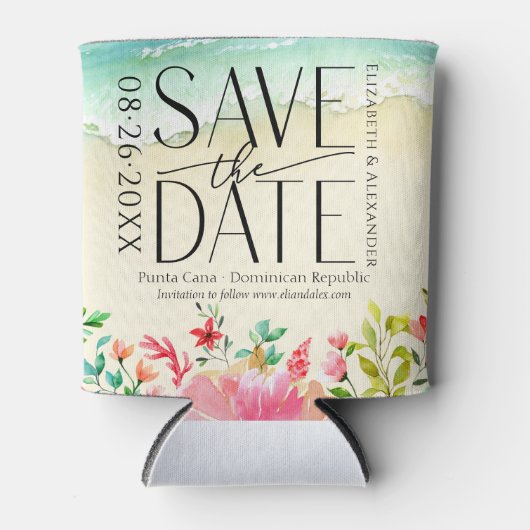 熱帯ビーチ書道結婚式の日付を保存 缶クーラー (正面)