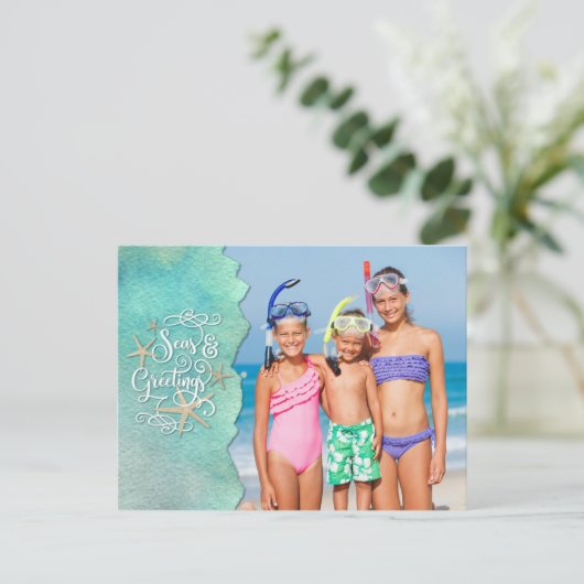 熱帯ビーチ沿岸の海と挨拶 シーズンポストカード (スタンド正面)