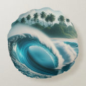 熱帯ビーチ海ウェーブクレッシェンドパームツリーズ ラウンドクッション (裏面)