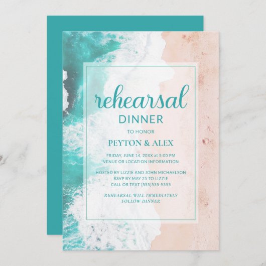 熱帯ビーチ海ターコイズティール（緑がかった色）リハーサル 招待状 (正面/裏面)