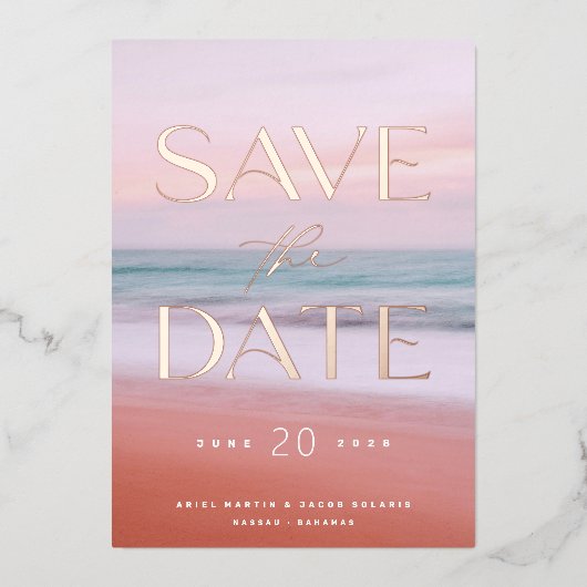 熱帯ビーチ目的地の結婚式の日付を保存 箔招待状 (正面)