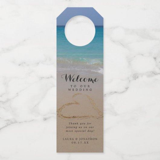 熱帯ビーチ砂ハート結婚式の引き出物 ボトルネックタグ (正面)