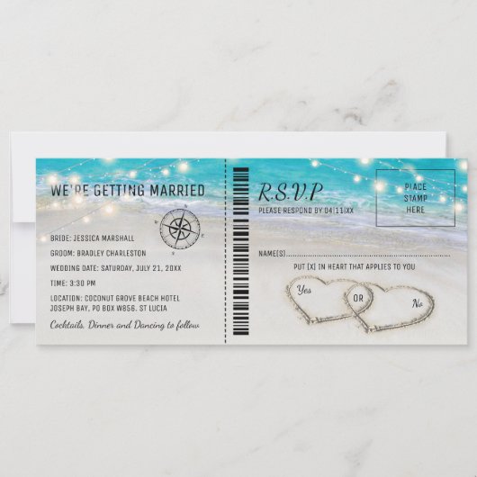 熱帯ビーチ結婚ハートとRSVPのチケット 招待状 (正面)