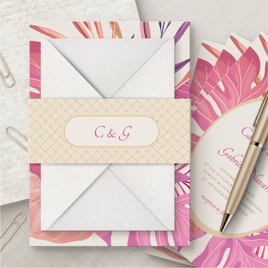熱帯ビーチ結婚ピンク 招待状ベリーバンド