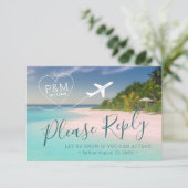 熱帯ビーチ結婚式ハート飛行機目的地 出欠カード (スタンド正面)