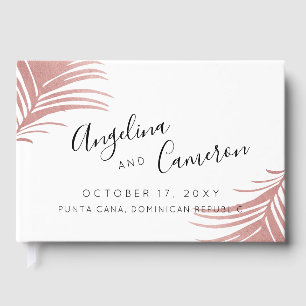 熱帯ビーチ結婚式バラ金ゴールドピンクパーム葉 ゲストブック