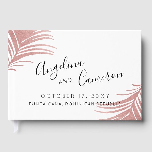 熱帯ビーチ結婚式バラ金ゴールドピンクパーム葉 ゲストブック (正面)