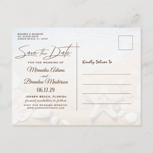 熱帯ビーチ結婚式ヒトデ保存日 案内ポストカード (裏面)