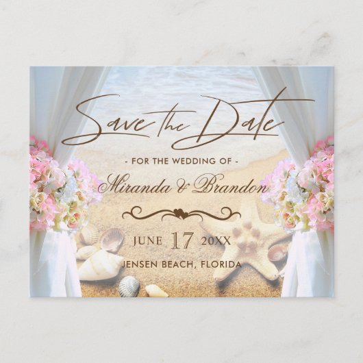 熱帯ビーチ結婚式ヒトデ保存日 案内ポストカード (正面)