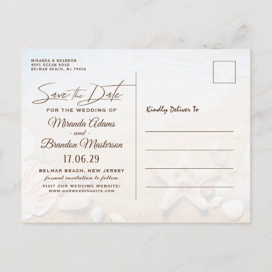 熱帯ビーチ結婚式ヒトデ保存日 案内ポストカード (裏面)