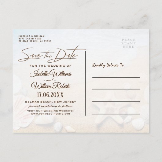 熱帯ビーチ結婚式ヒトデ保存日 案内ポストカード (裏面)