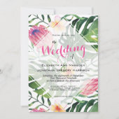 熱帯ビーチ結婚式ピンクプロテアフローラ緑 招待状 (正面)