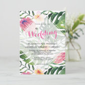 熱帯ビーチ結婚式ピンクプロテアフローラ緑 招待状 (スタンド正面)