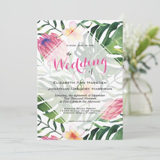 熱帯ビーチ結婚式ピンクプロテアフローラ緑 招待状 (スタンド正面)