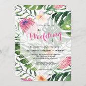 熱帯ビーチ結婚式ピンクプロテアフローラ緑 招待状 (正面/裏面)