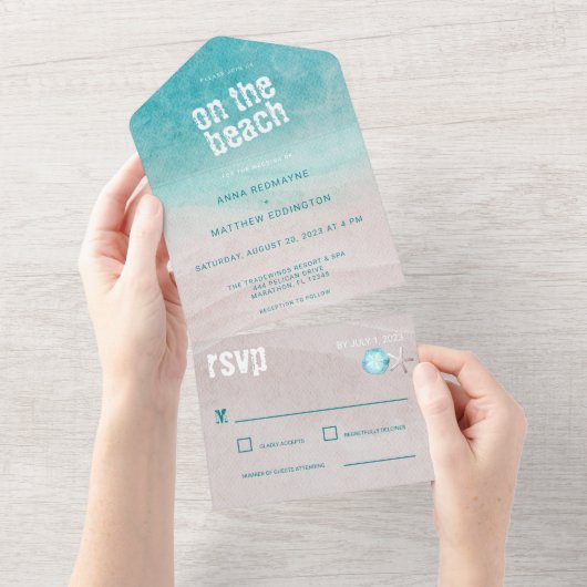 熱帯ビーチ結婚式水彩 オールインワン招待状 (貼ってはがせる)