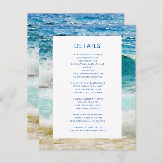 熱帯ビーチ結婚式詳細 エンクロージャーカード (正面/裏面)