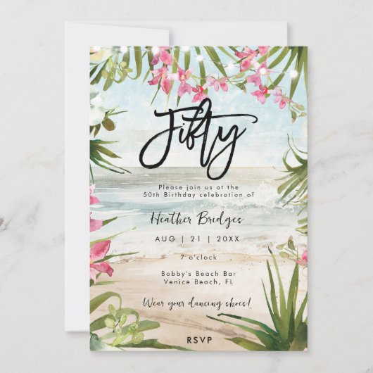 熱帯ビーチ蘭50歳の誕生日パーティー 招待状 (正面)