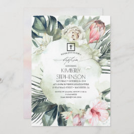 熱帯ビーチ赤面ピンクの花のバプテスマ 招待状