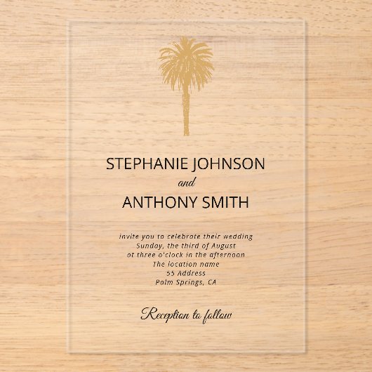 熱帯ビーチ金ゴールドパームツリーデスティネーションウェディング アクリル招待状 (正面)