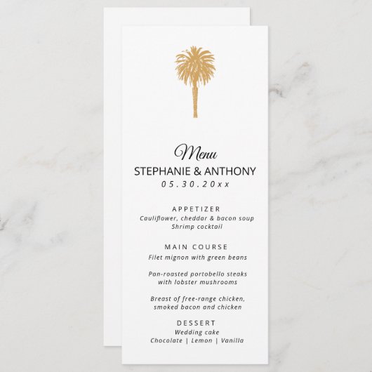 熱帯ビーチ金ゴールドパームツリーデスティネーションウェディング メニュー (正面/裏面)