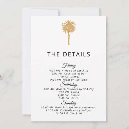 熱帯ビーチ金ゴールドパームデスティネーションバチェロレッテ 招待状 (裏面)