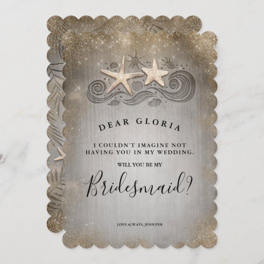 熱帯ビーチ金ゴールドヒトデの花嫁の提案 招待状 (正面/裏面)