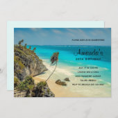 熱帯ビーチ風の吹き抜け木誕生日 招待状 (正面/裏面)