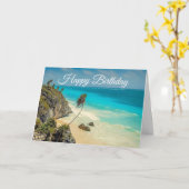 熱帯ビーチ風の掃引ヤシの木誕生日 カード (黄色い花)
