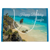 熱帯ビーチ風の掃引ヤシの木誕生日 ラージペーパーバッグ (正面)