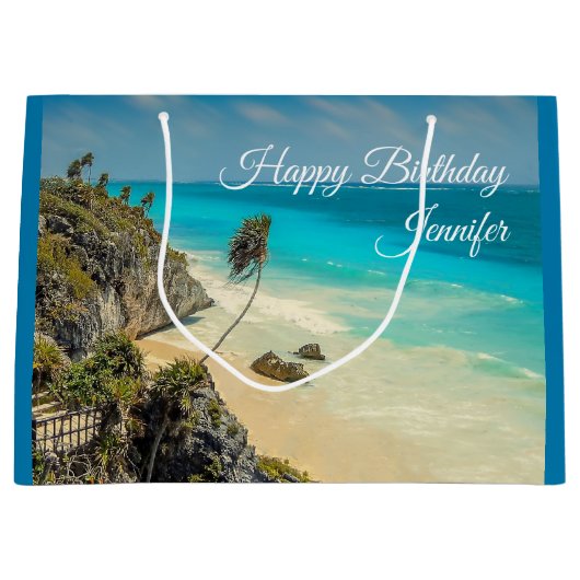 熱帯ビーチ風の掃引ヤシの木誕生日 ラージペーパーバッグ (正面)