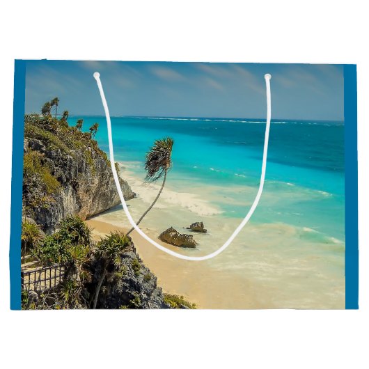 熱帯ビーチ風の掃引ヤシの木誕生日 ラージペーパーバッグ (裏面)