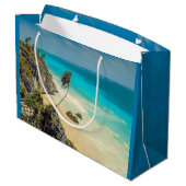 熱帯ビーチ風の掃引ヤシの木誕生日 ラージペーパーバッグ (裏面アングル)