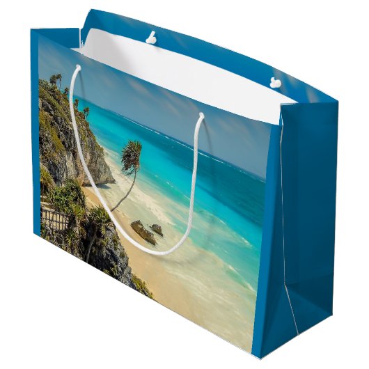 熱帯ビーチ風の掃引ヤシの木誕生日 ラージペーパーバッグ (裏面アングル)