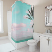 熱帯ビーチ、オーシャンビュー、ピンクの雲、やし シャワーカーテン (インサイチュ)