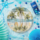 熱帯ビーチ（サーフボード付き） ペーパープレート (パーティー)